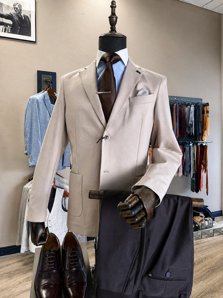 Beige jacket with brown tie and brogues styled in the All Suits store