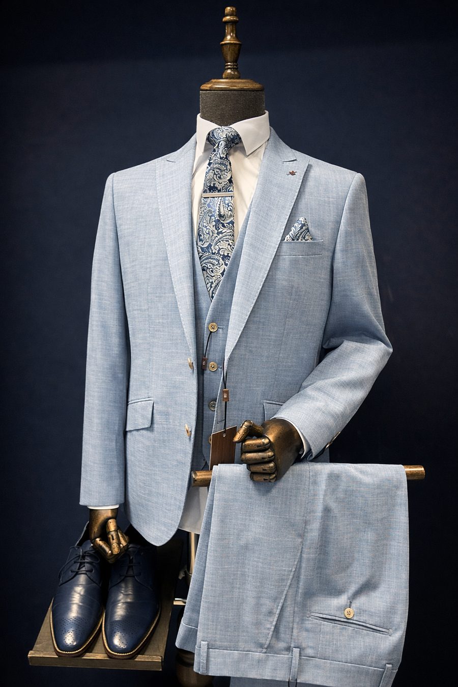 Light blue three-piece suit with patterned tie styled on a mannequin