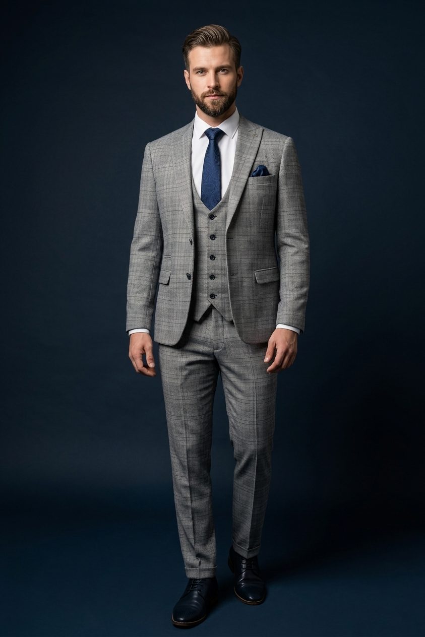 Model wearing a grey check three-piece suit with a navy tie