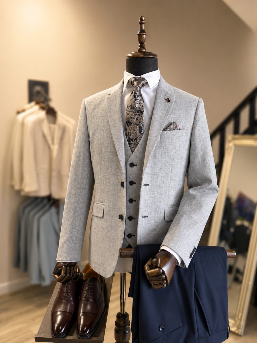 Light grey jacket with navy trousers and paisley tie in the All Suits store