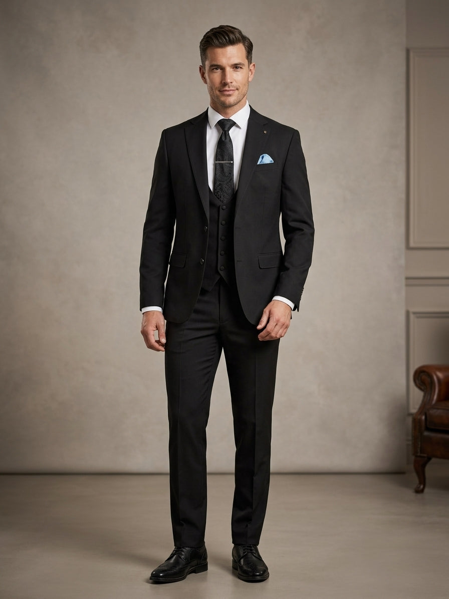 Torre Black three-piece suit shown on a model