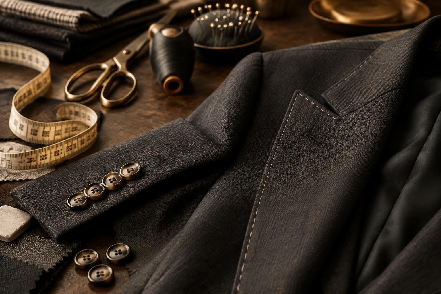 Charcoal tailoring details with measuring tape, thread and scissors