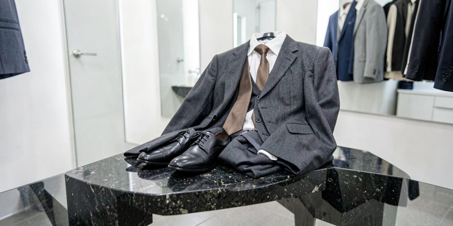 Charcoal formalwear, shoes and tie arranged in a dressing room