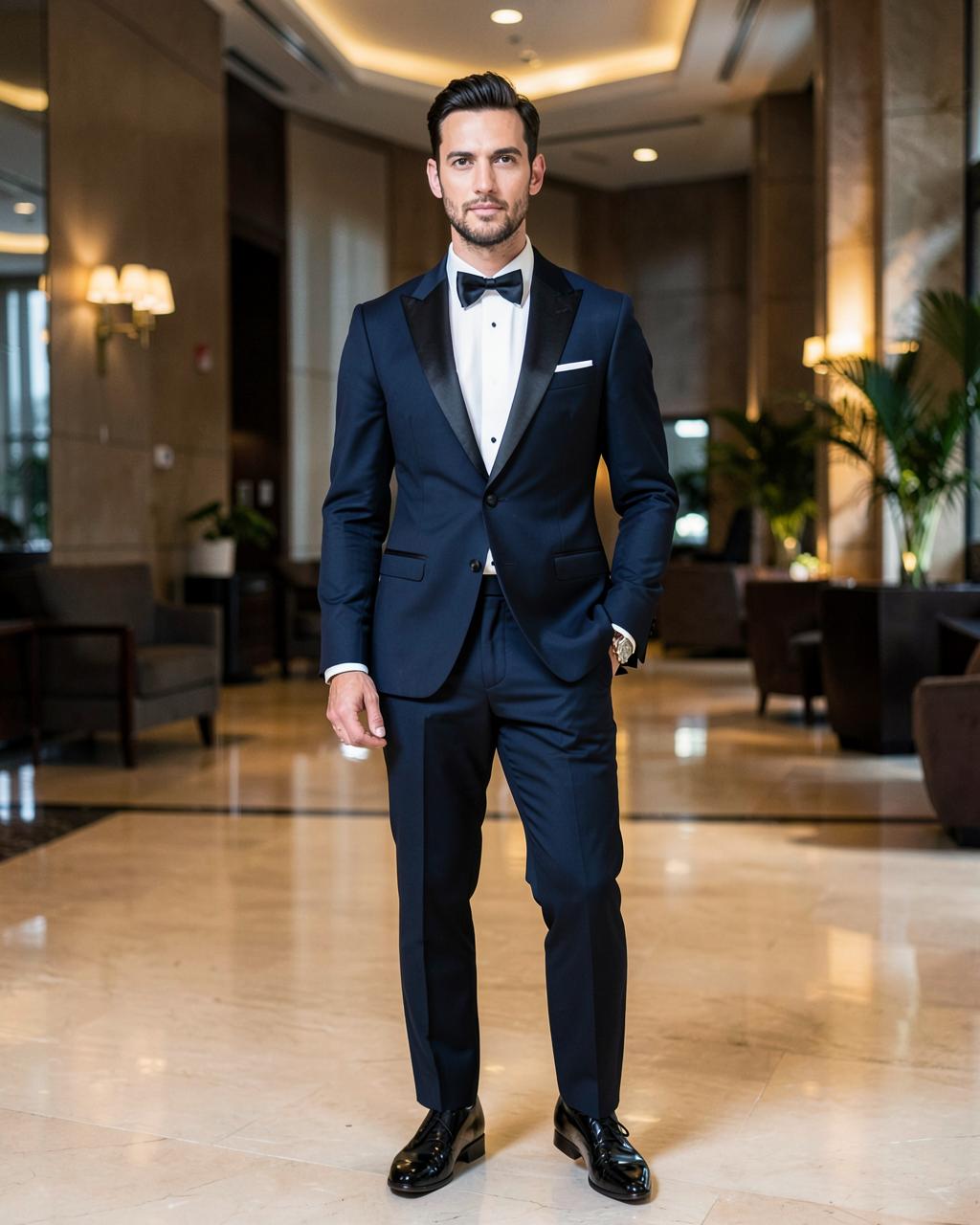 Man in a midnight navy tuxedo in an evening setting