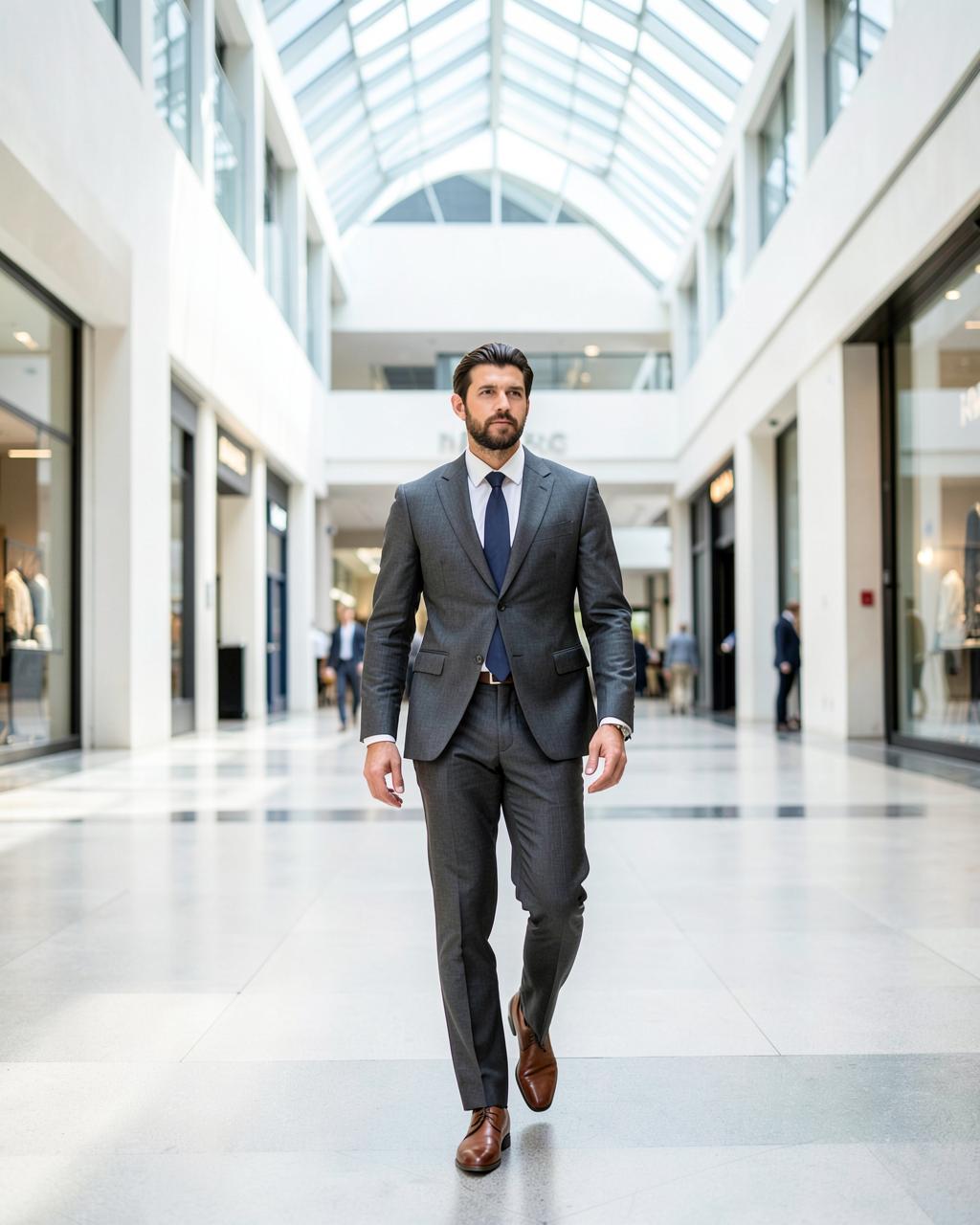 Man in a charcoal business suit in a bright city arcade