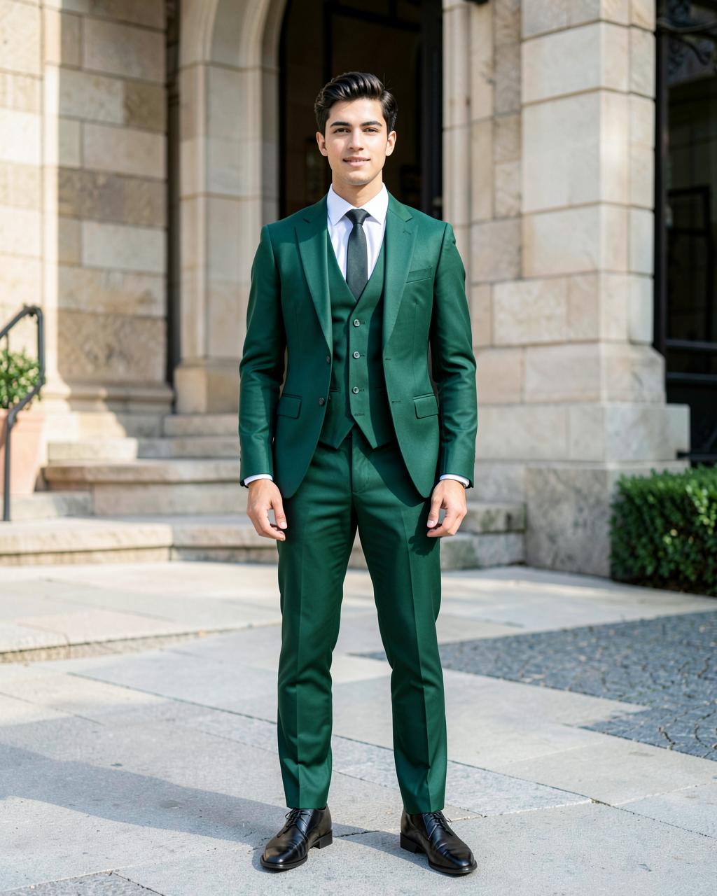 Man in a green three-piece suit outside a formal venue