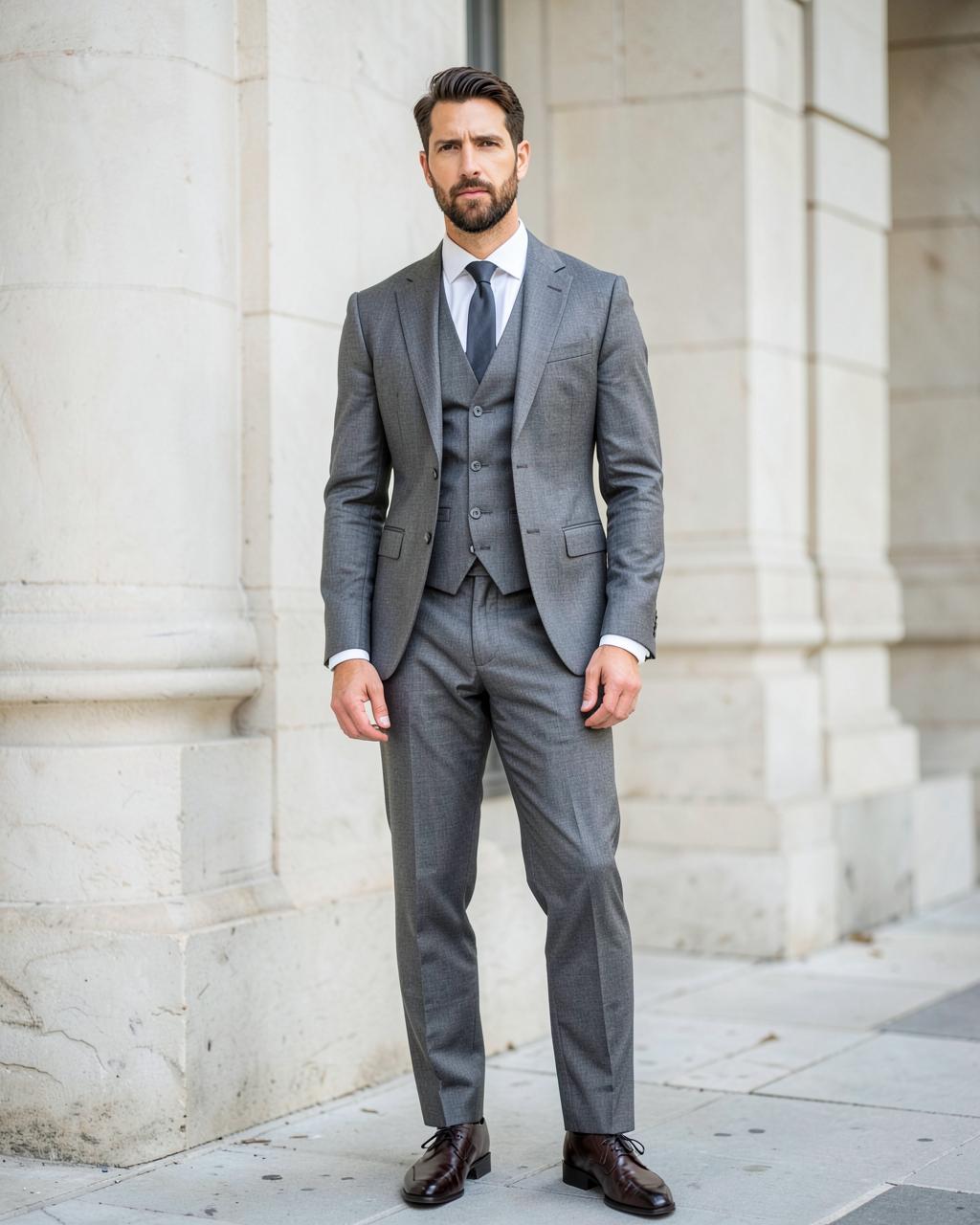Man in a grey three-piece formal suit