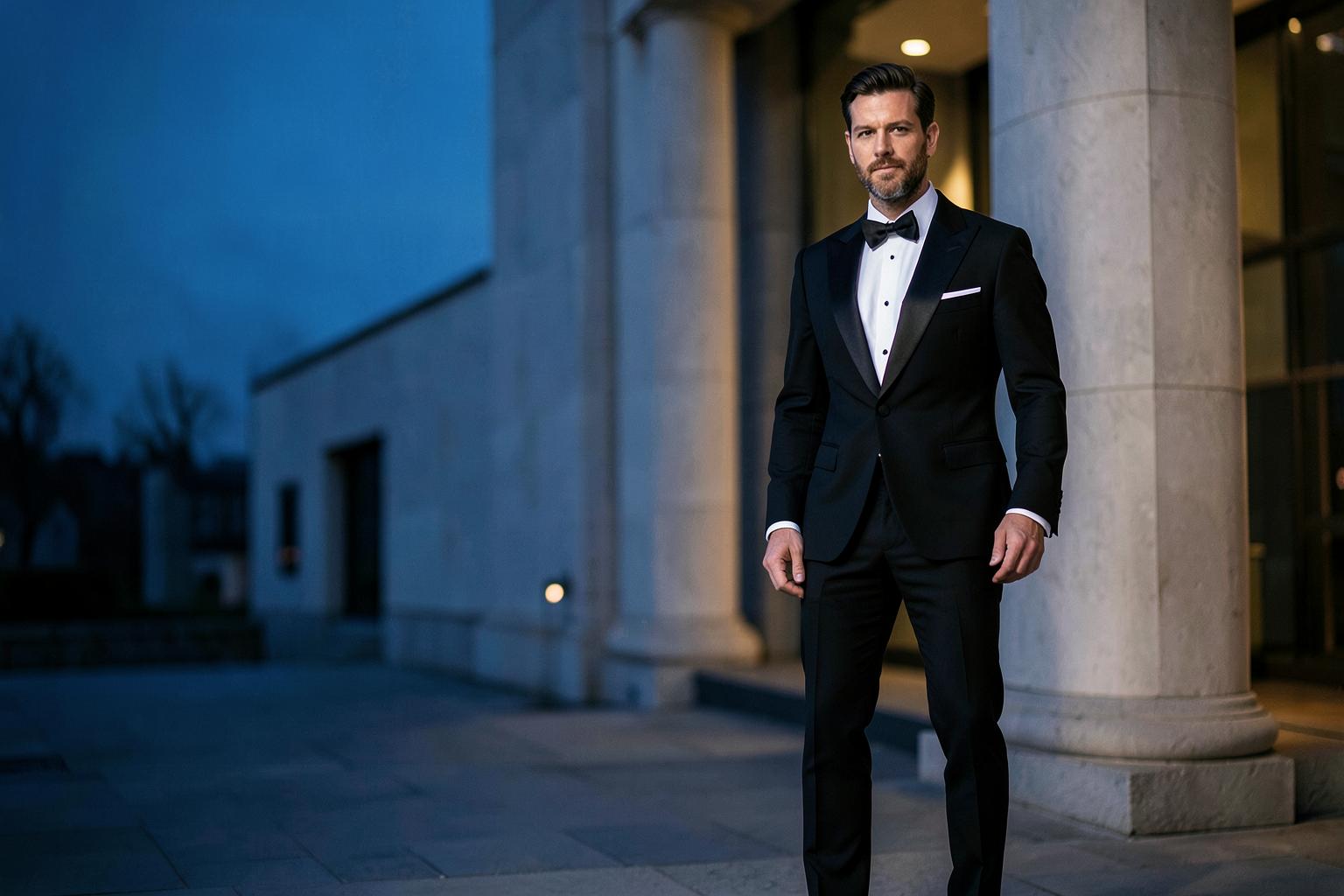 Man in a black tuxedo outside a contemporary venue at dusk