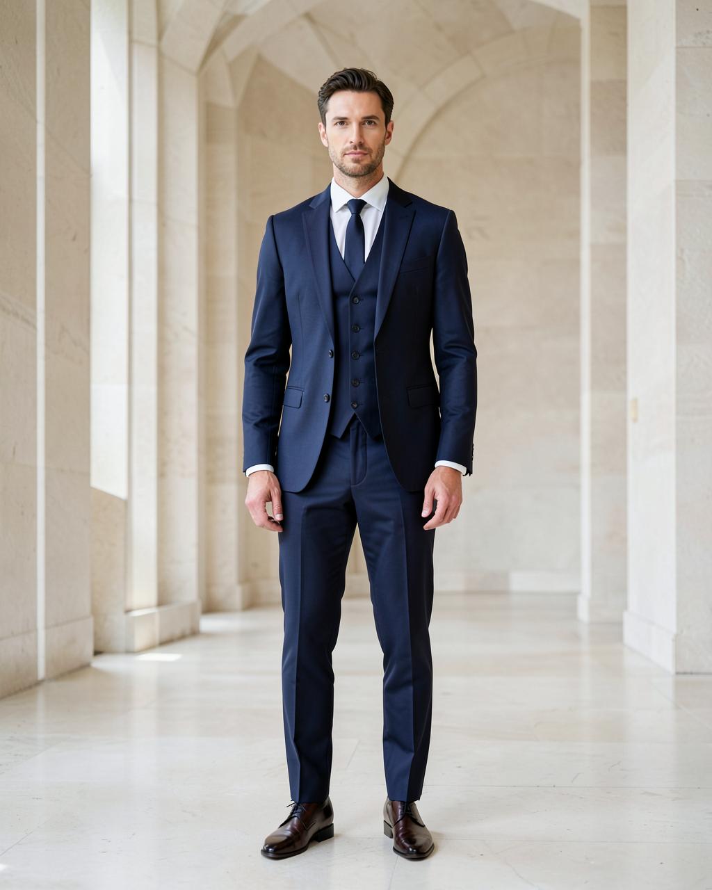 Man in a navy three-piece formal suit