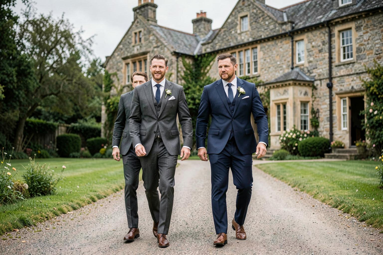 Wedding party in coordinated charcoal and navy formalwear