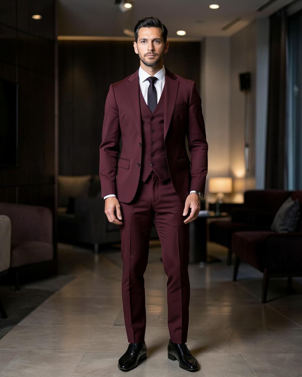 Man in a wine three-piece formal suit