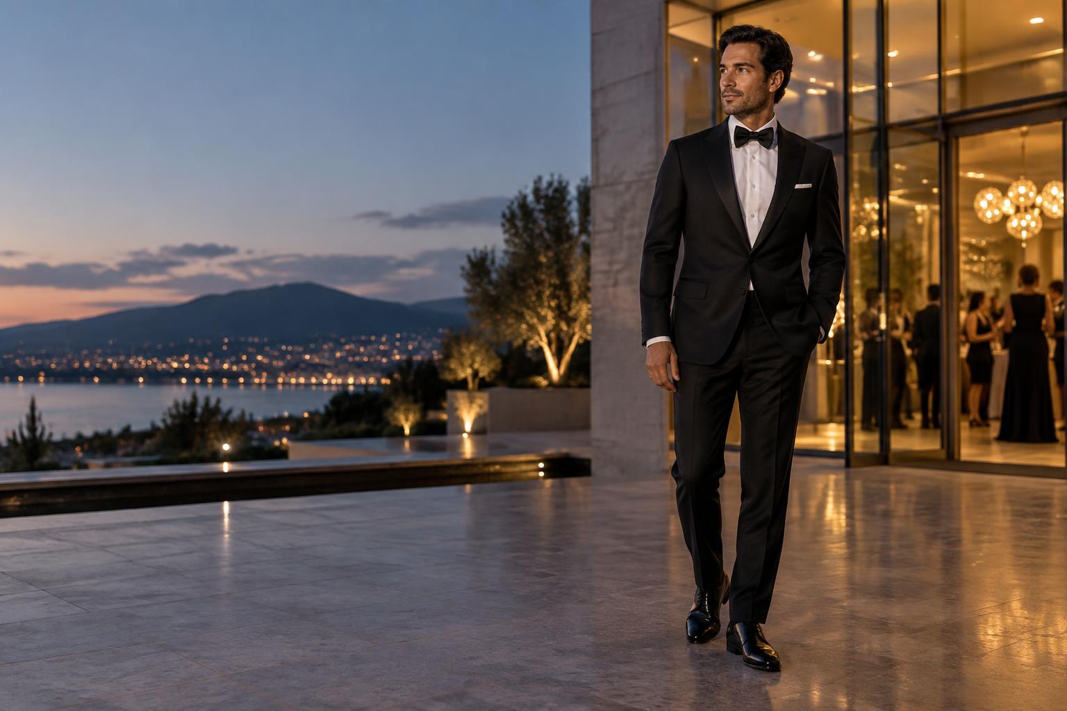 Man in black tie arriving at a contemporary evening venue