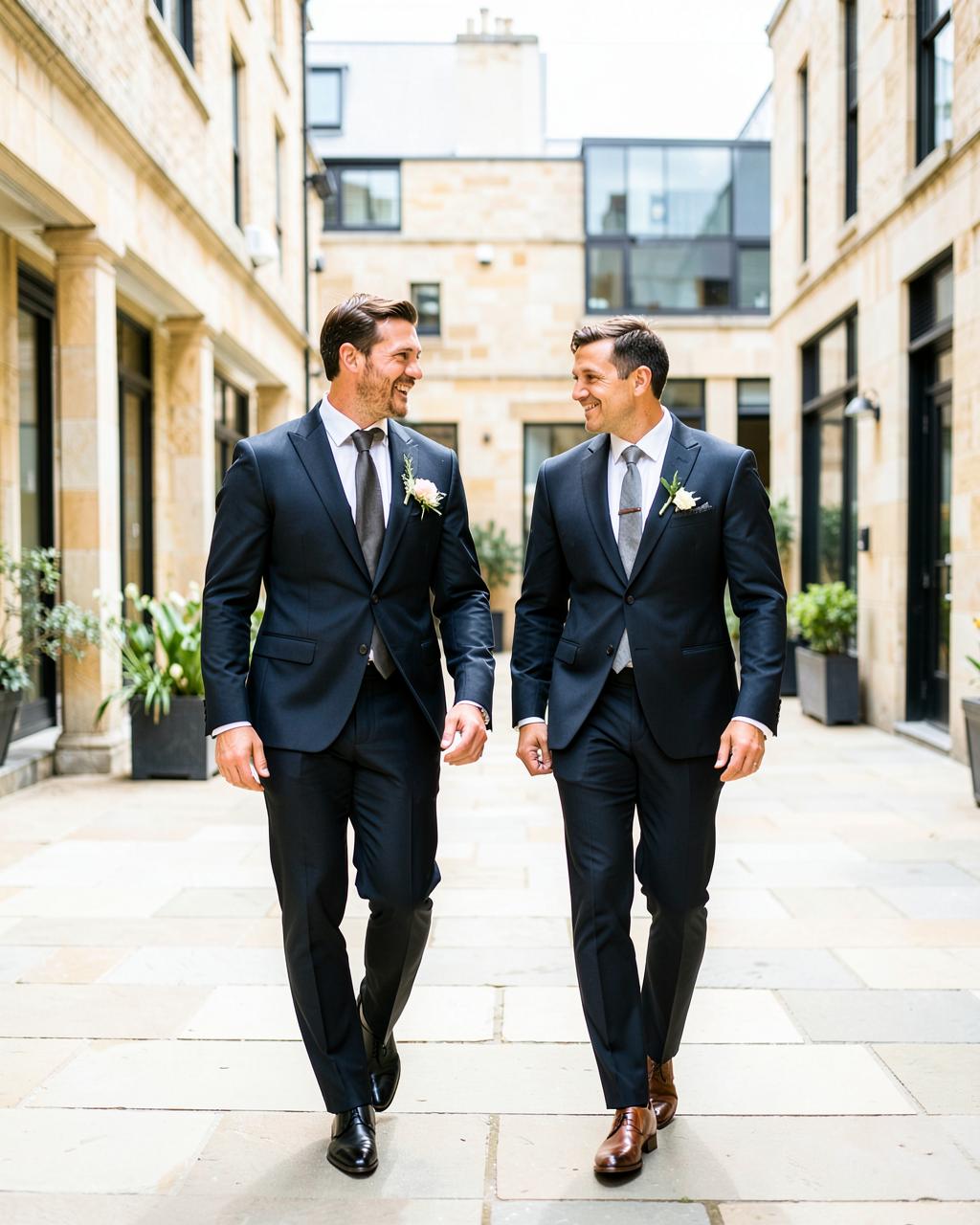 Two men in coordinated formal suits walking through a stone courtyard